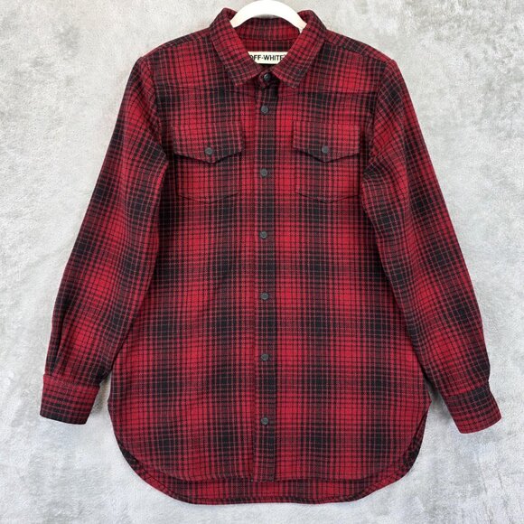 Off-White Shirt Mens Medium Plaid Long Sleeve Overshirt Made in Italy Streetwear